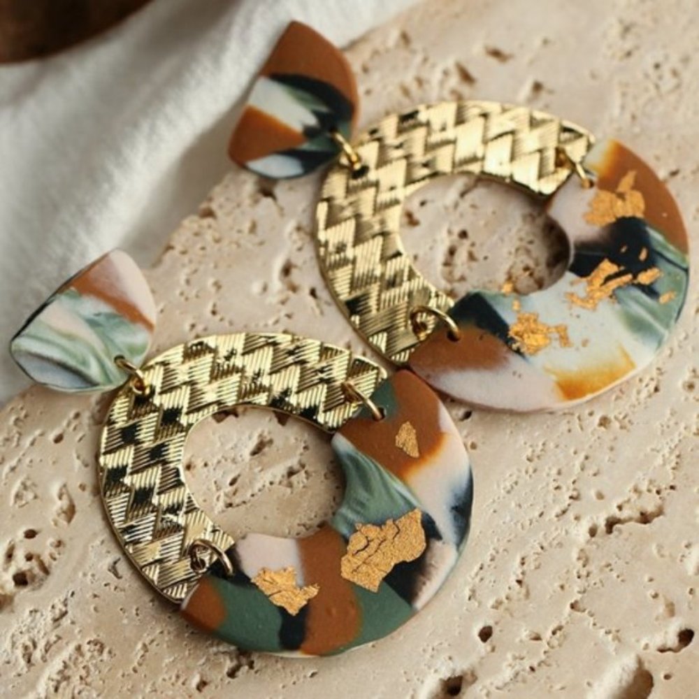 📢 4/$15 Polymer Clay Gold Foil Geometric Abstract Earrings